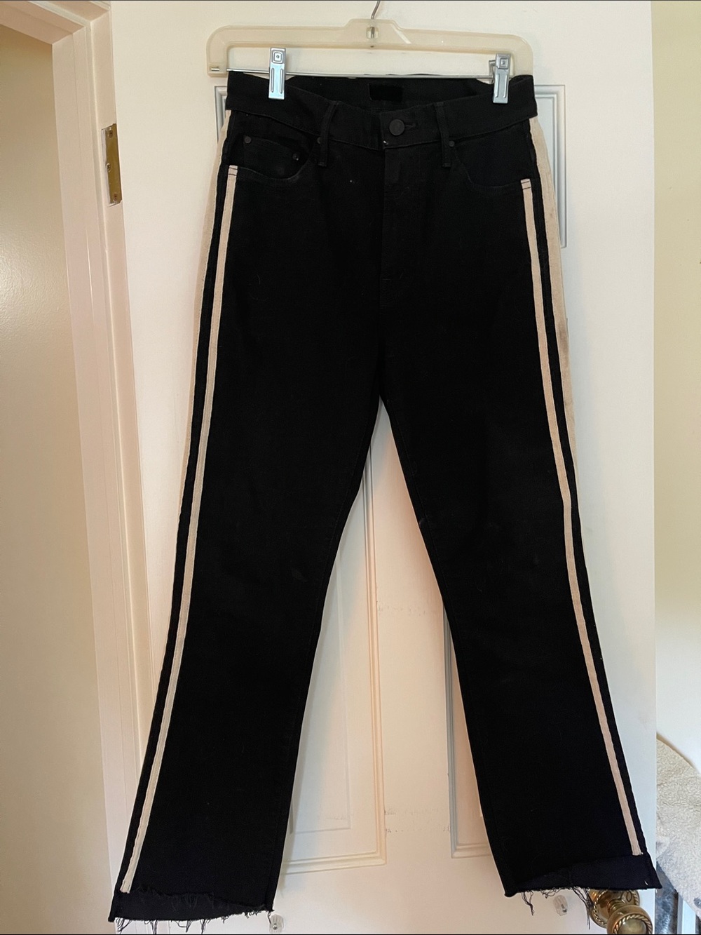 MOTHER Black Bootcut Jeans with Cream Side Stripes